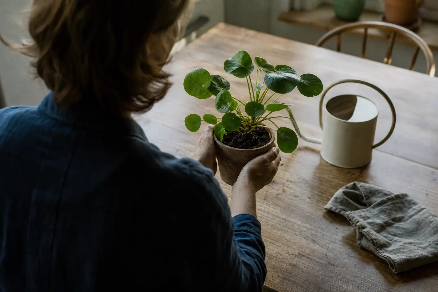 Checking a pot’s weight before watering