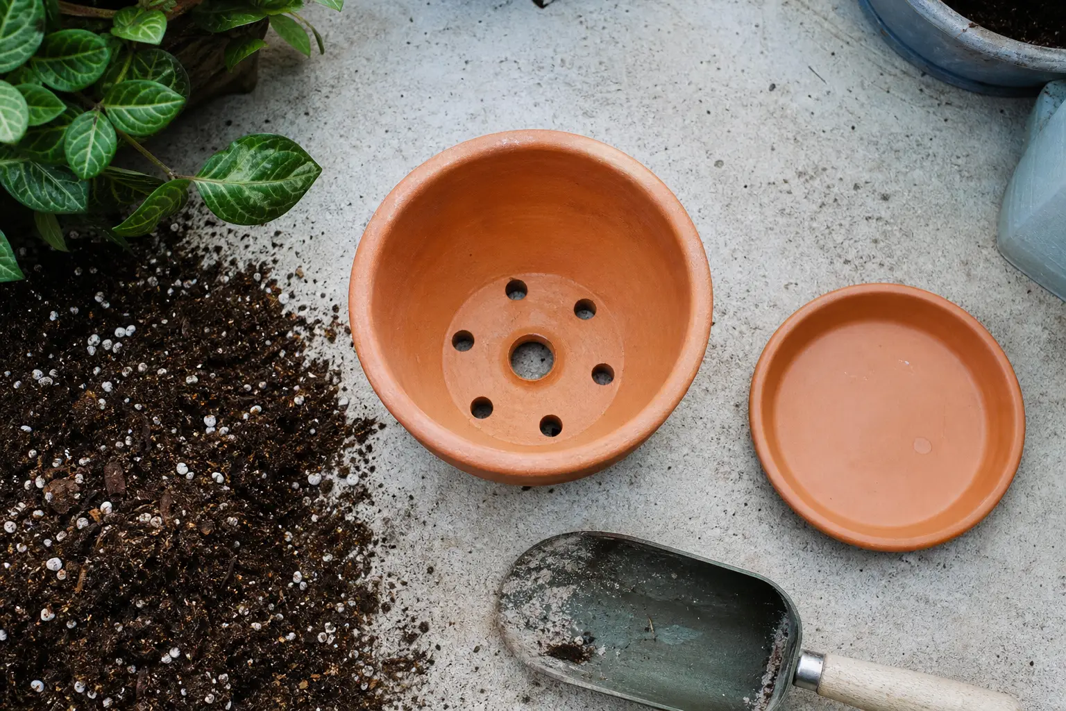 Drainage pot, saucer and airy soil mix