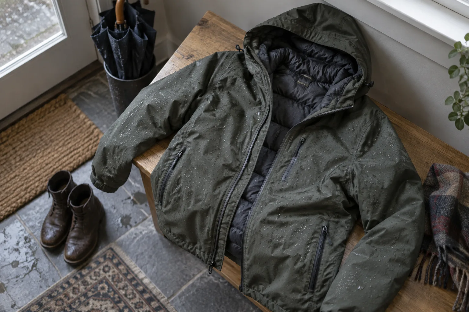 Rain beads on a winter jacket shell