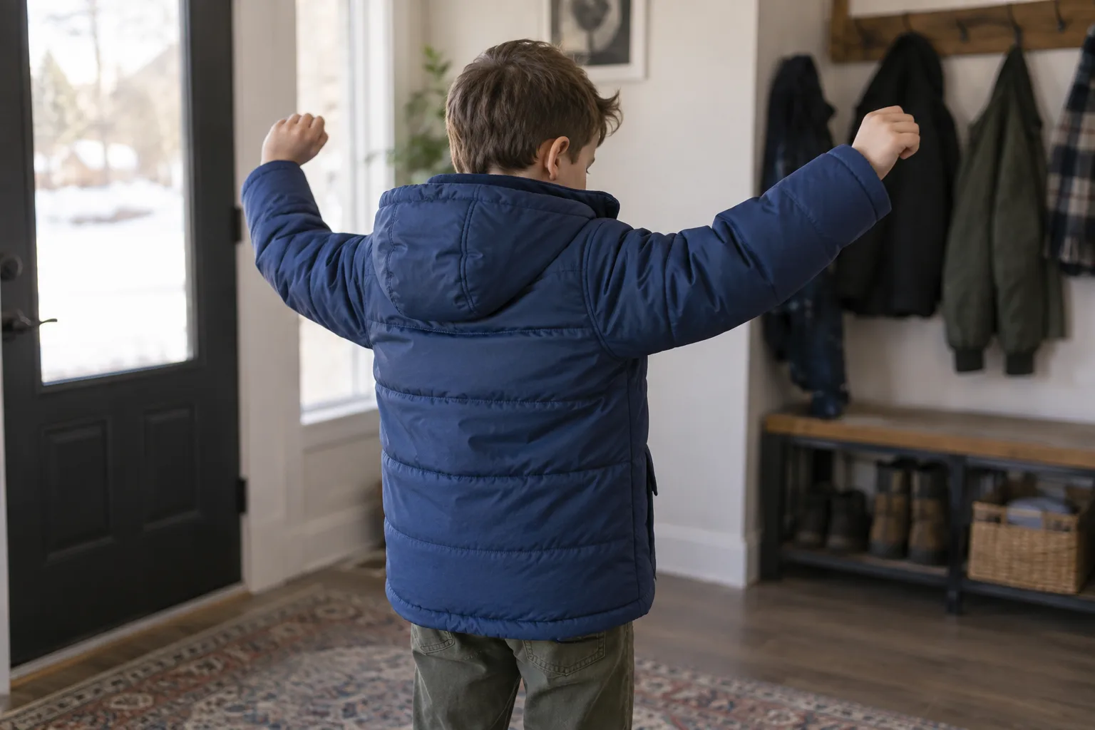 Child checking movement in a zipped winter jacket