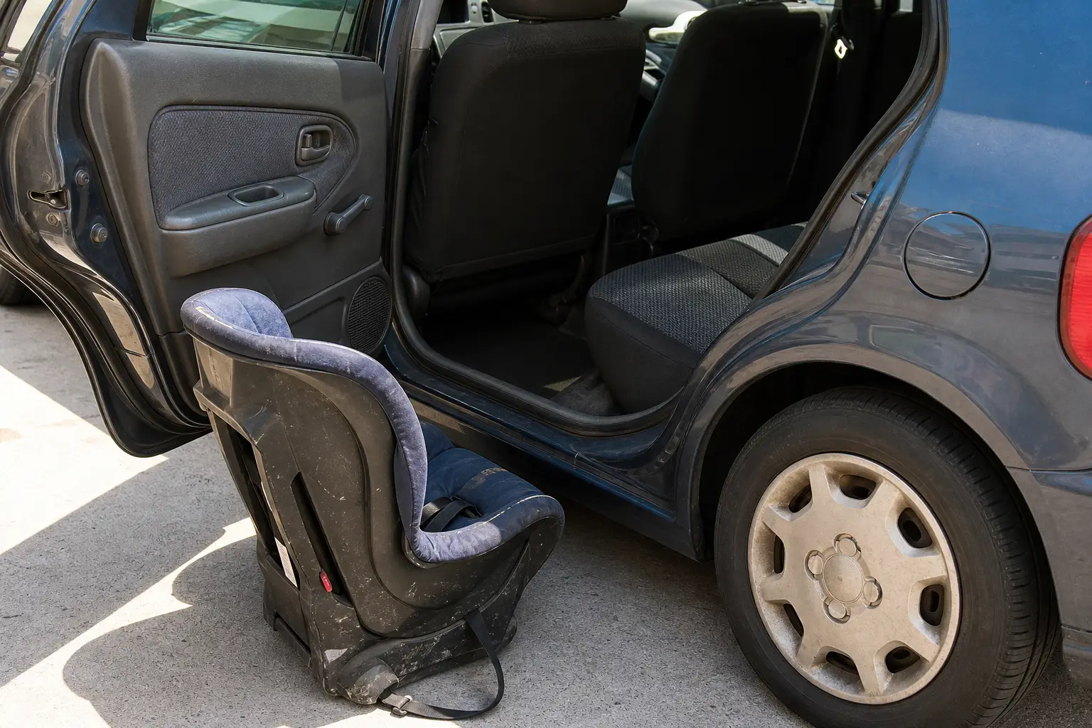 Siège auto pour enfant à côté de la porte d'une vieille compacte