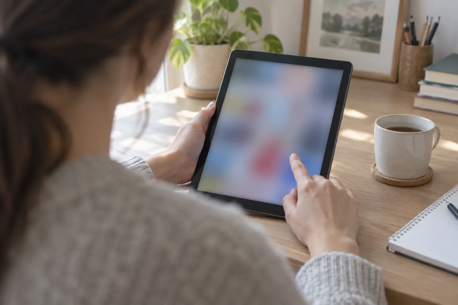 Hands checking a library loan on a tablet