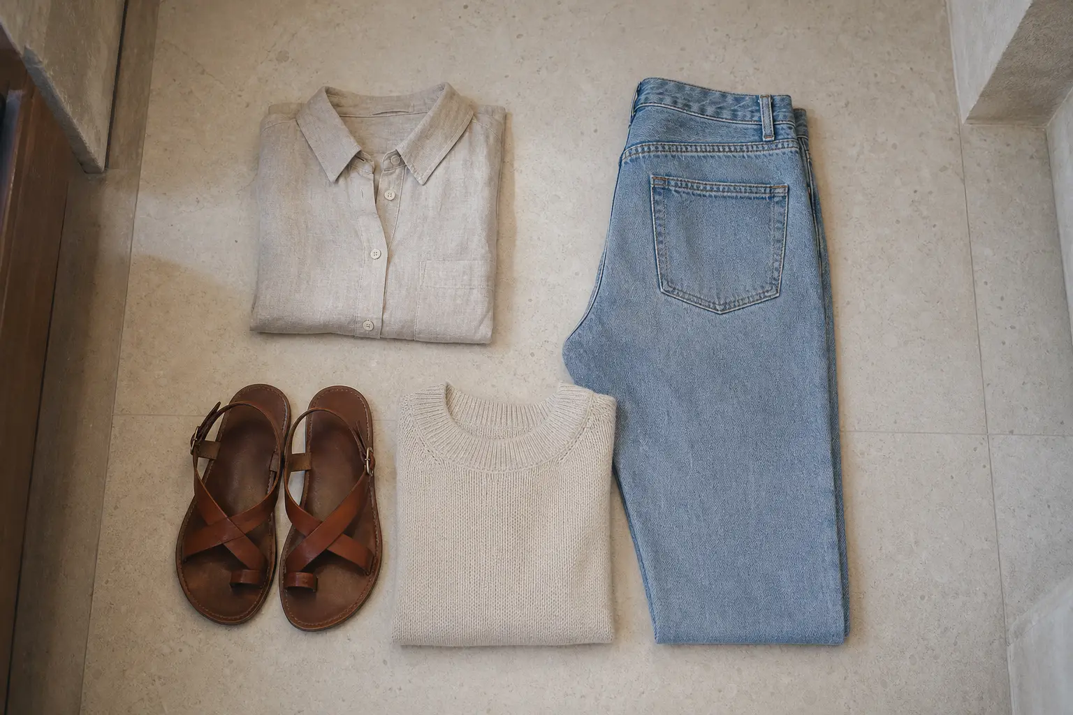 Sandali in pelle con camicia di lino, denim e maglieria