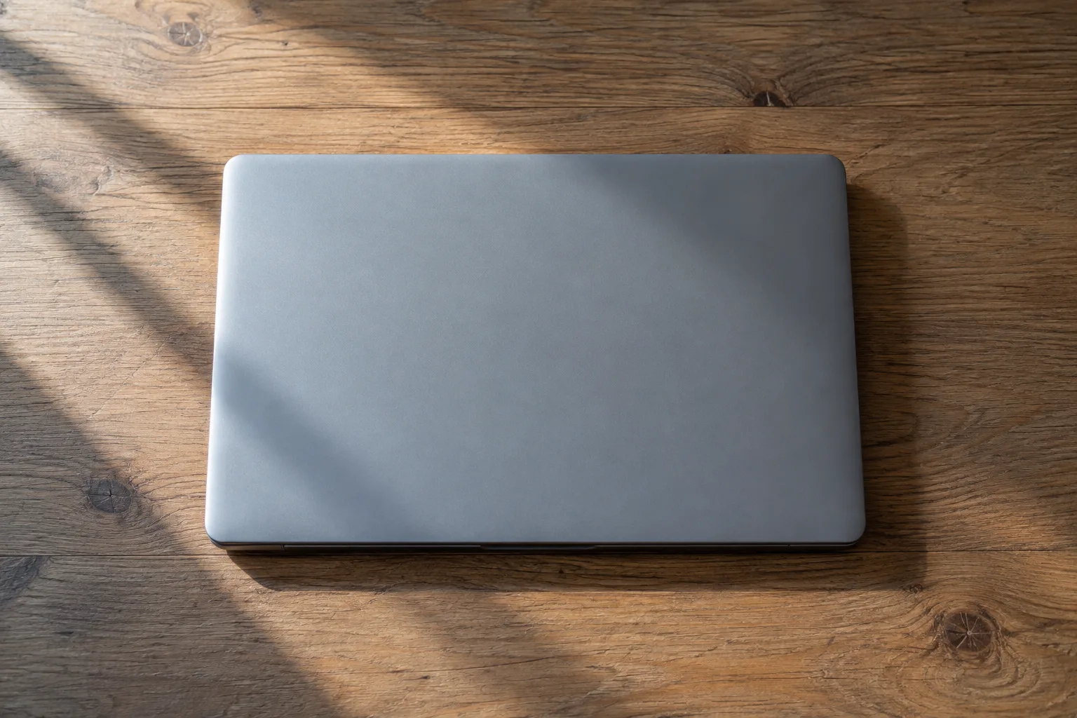 Closed laptop on a wooden surface