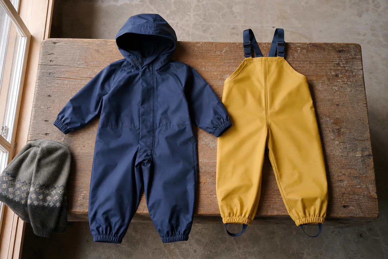 Mono de lluvia y pantalón de peto colocados para compararlos