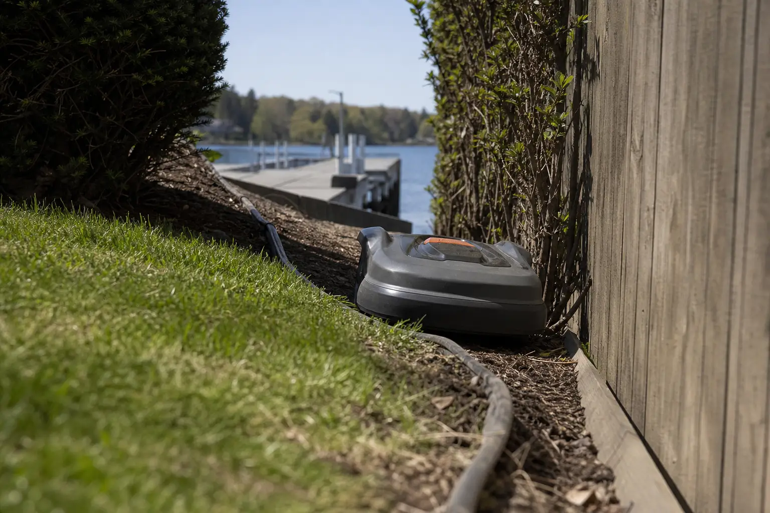 Mähroboter in einem schmalen Durchgang und an einer geneigten Kante