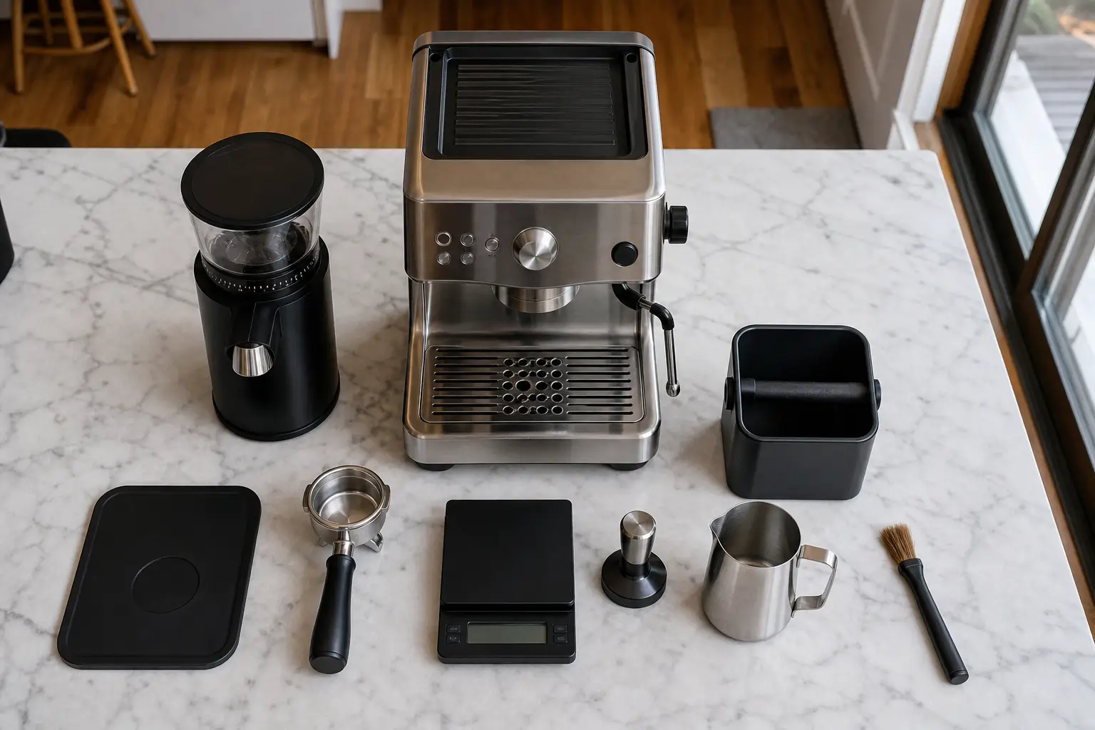 Acessórios de uma configuração de expresso a mostrar custo e espaço na bancada