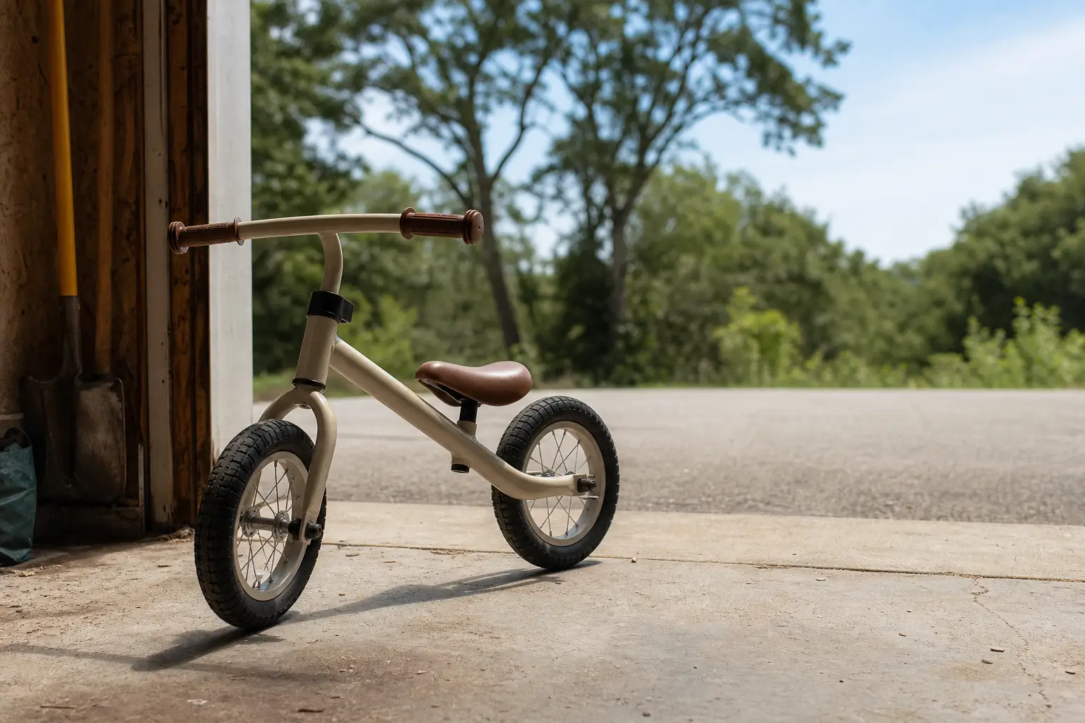 Balance bike in garage doorway