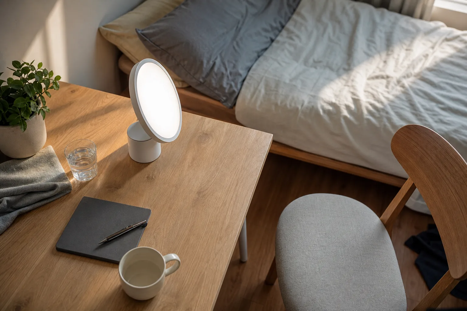 Daylight lamp positioned for a post-waking session