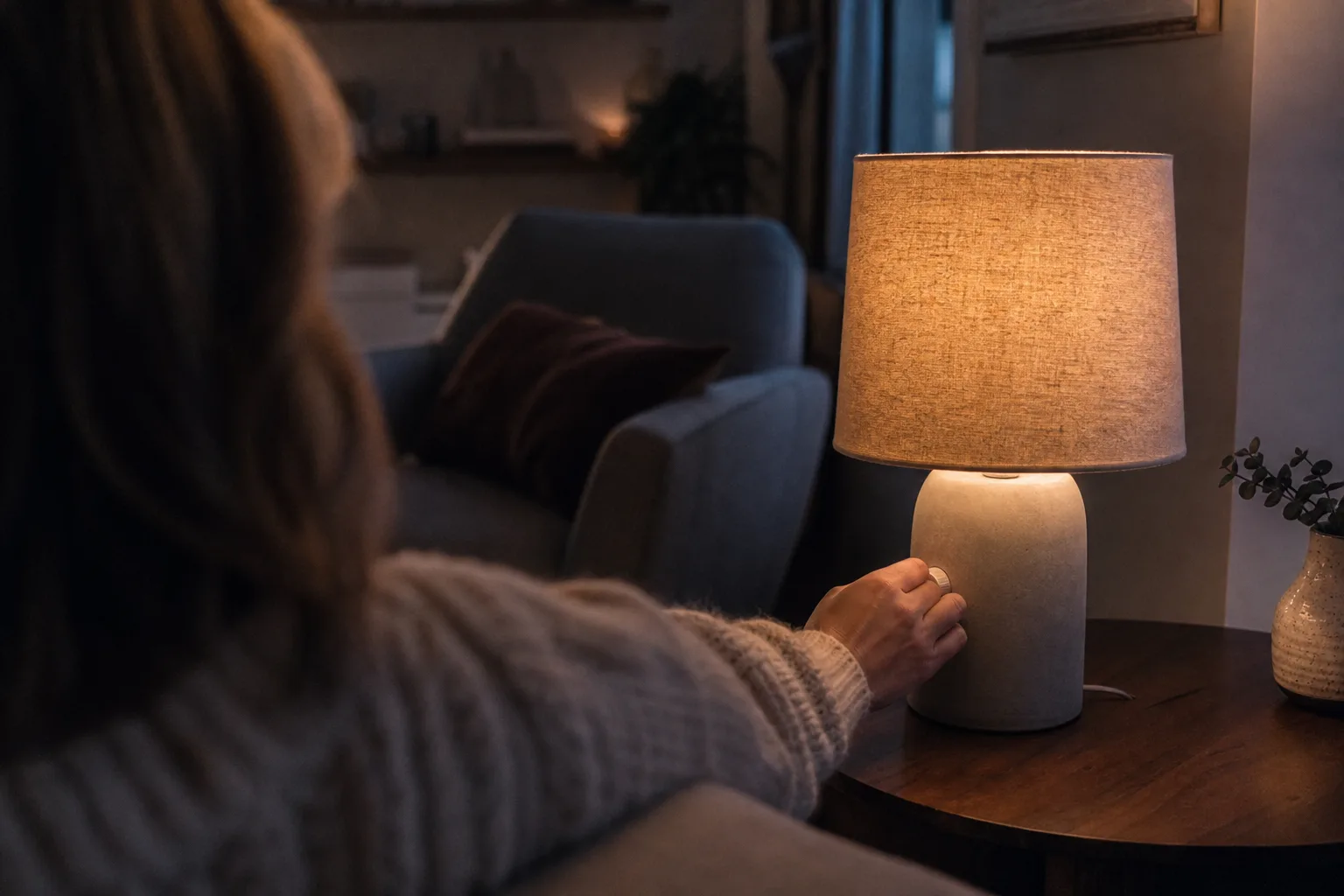 Dimmed warm room lamp beside a reading chair