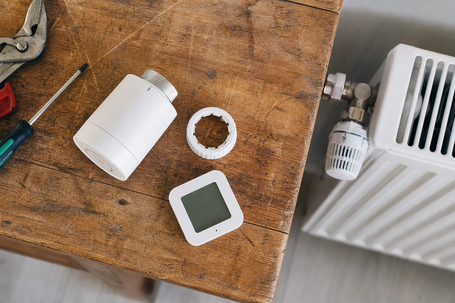 Testthermostat, Adapter und Raumthermometer vor der Installation