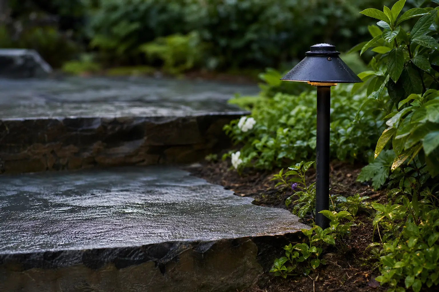 Low path light beside a wet garden step