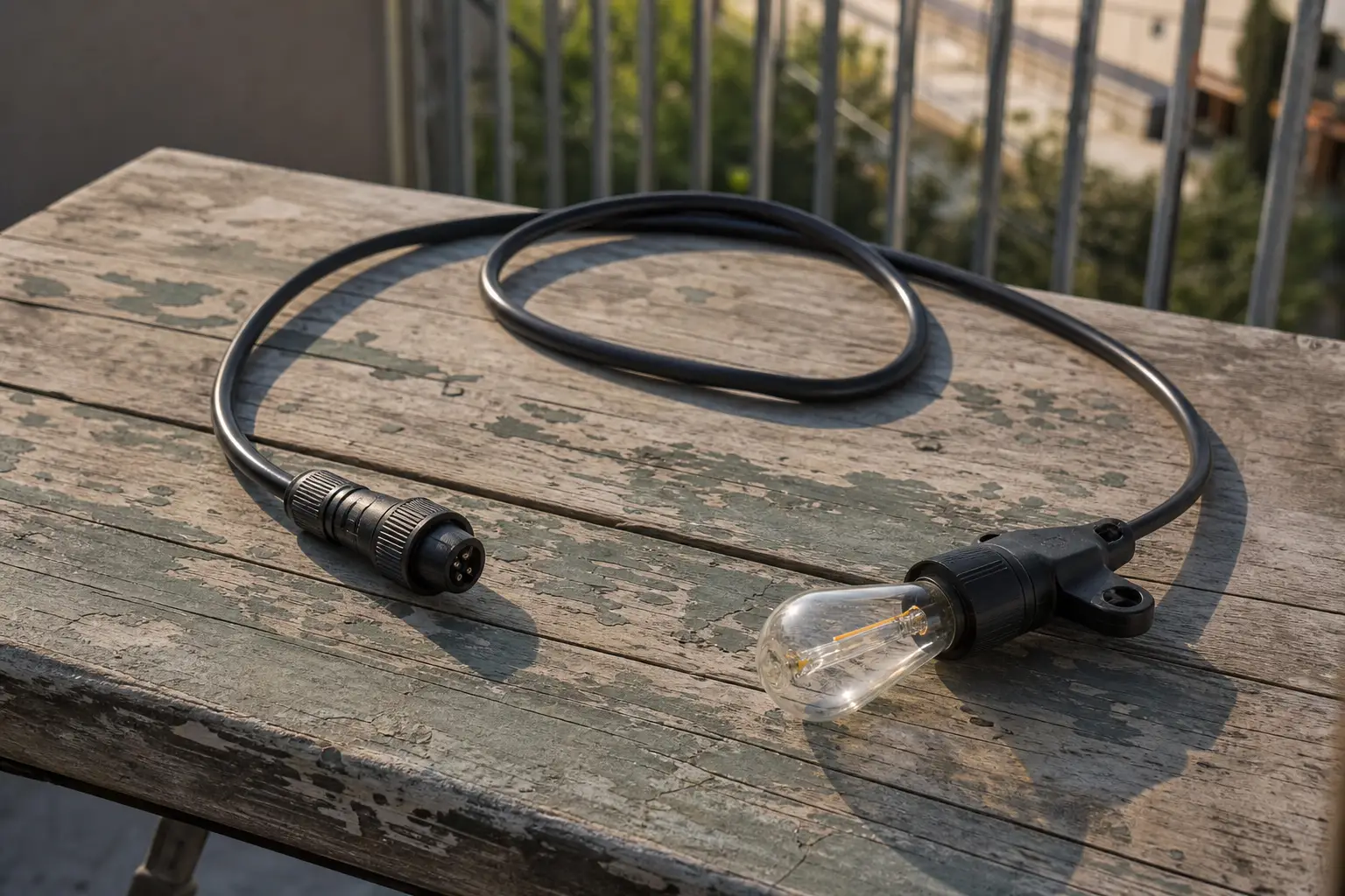 Outdoor string light with heavy cable and one bulb
