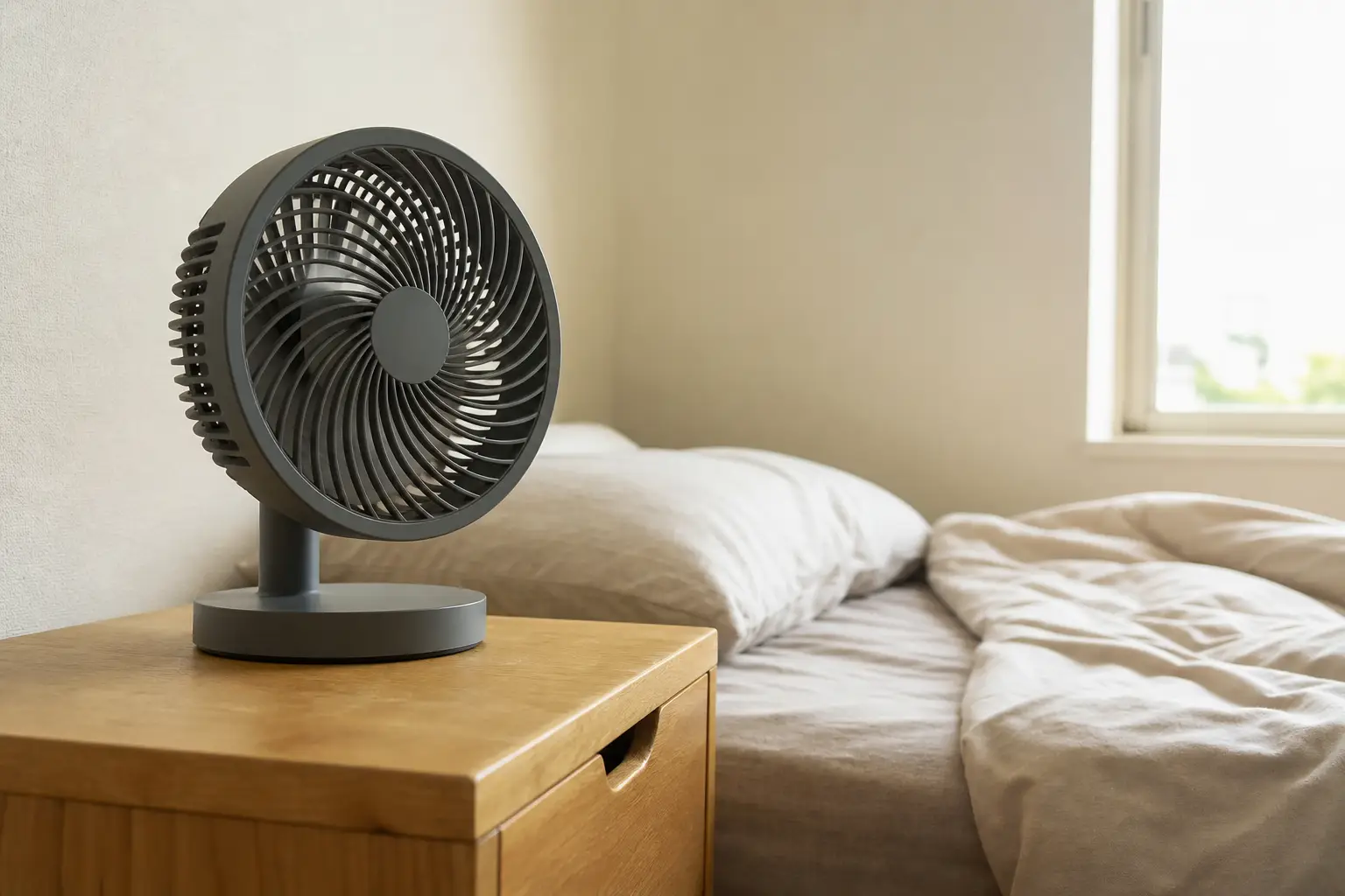 Tischventilator auf dem Nachttisch und zerwühlte Bettwäsche