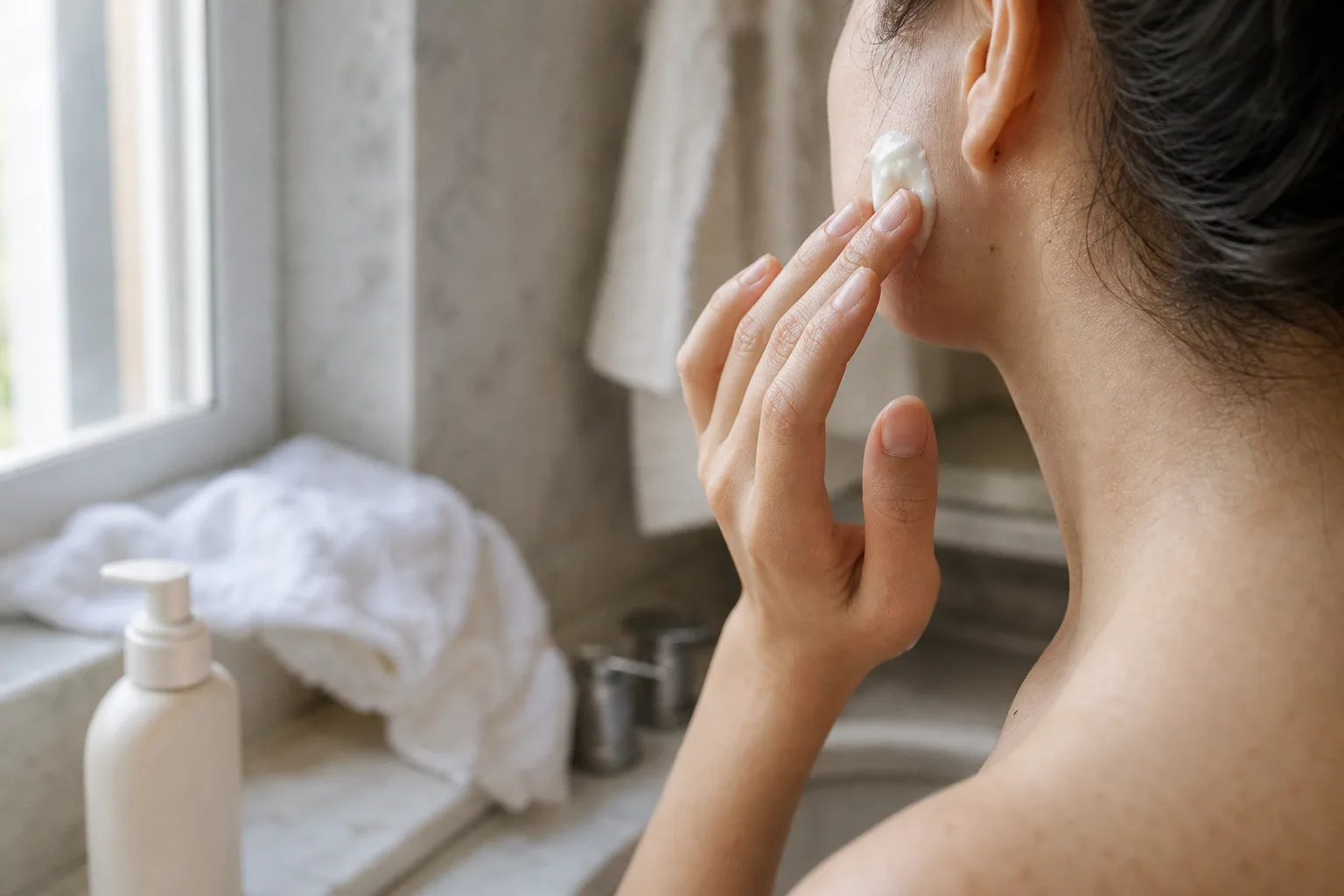 Crème hydratante appliquée délicatement après le nettoyage
