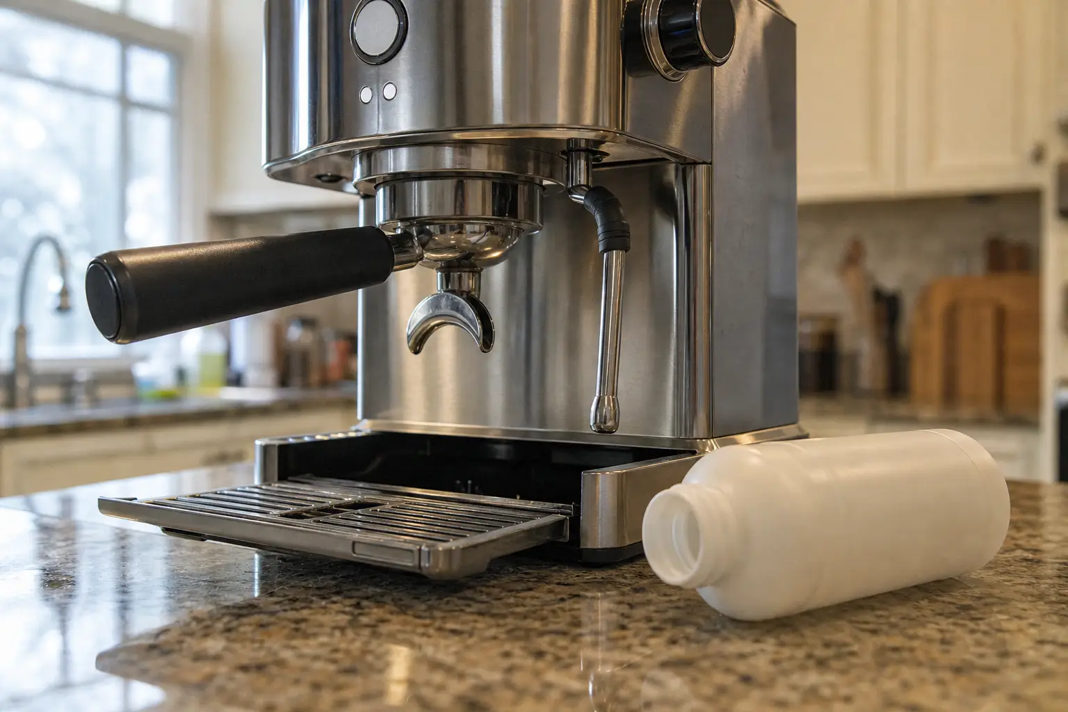 Machine espresso avec flacon de détartrant incliné