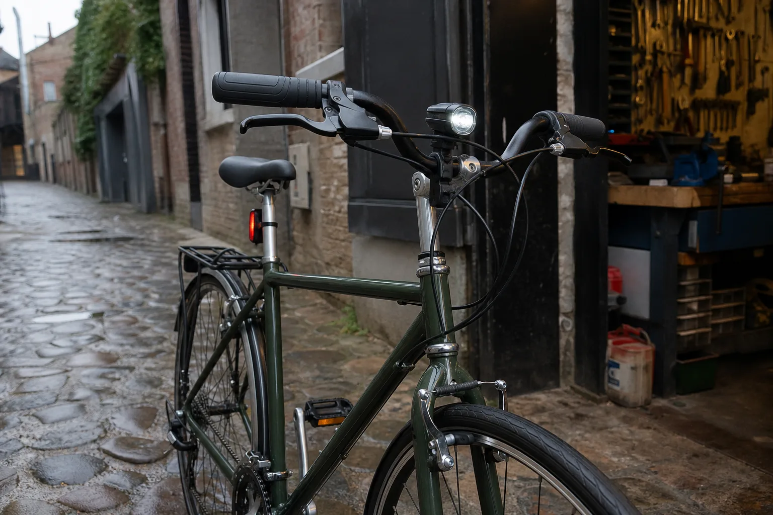 Soporte delantero rígido, luz trasera alineada y reflectantes en los pedales de una misma bicicleta
