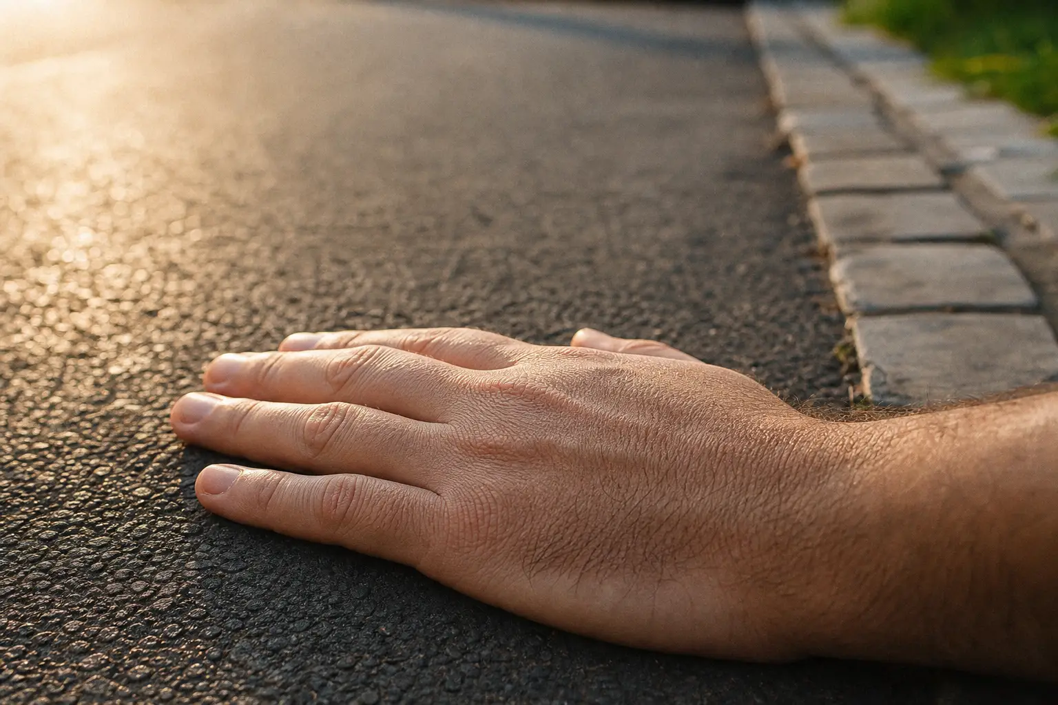 Back of hand on hot asphalt beside pale paving