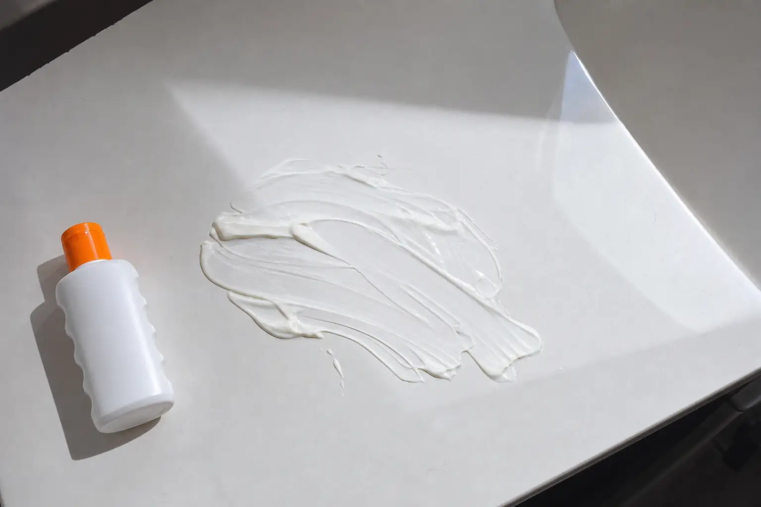 Flacon de crème solaire et crème sur un plan de travail