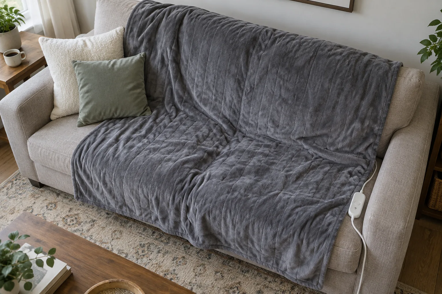 Heizdecke auf der Sitzfläche eines Sofas ausgebreitet