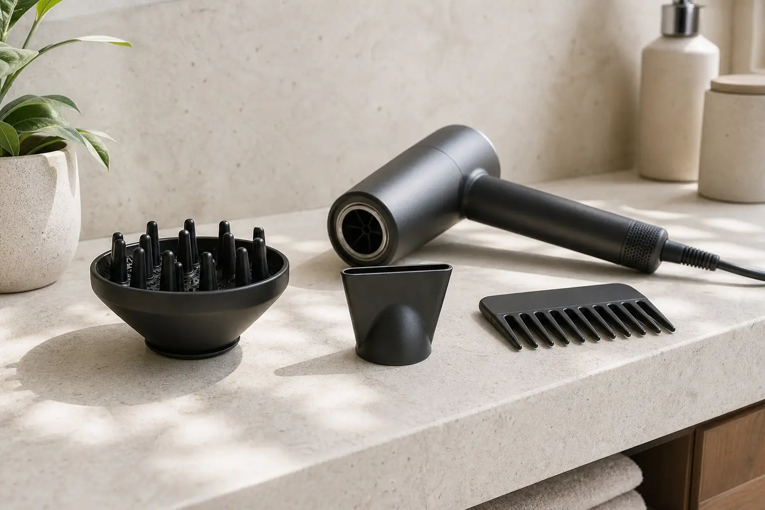 Dryer attachments laid out for blowouts and curl styling