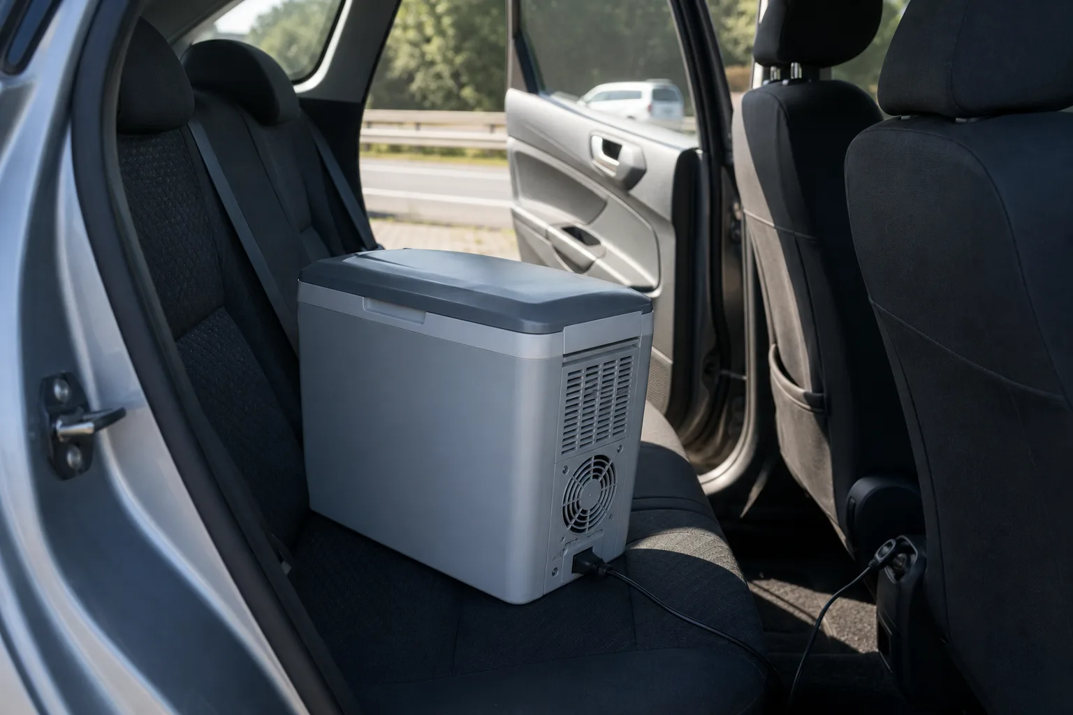 Glacière thermoélectrique sur la banquette arrière avec son câble