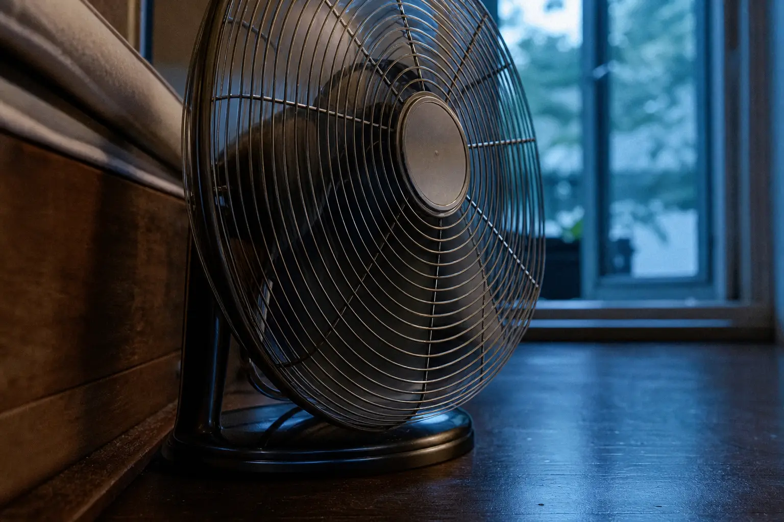 Golvvärksfläkt bredvid en säng nära ett öppet fönster