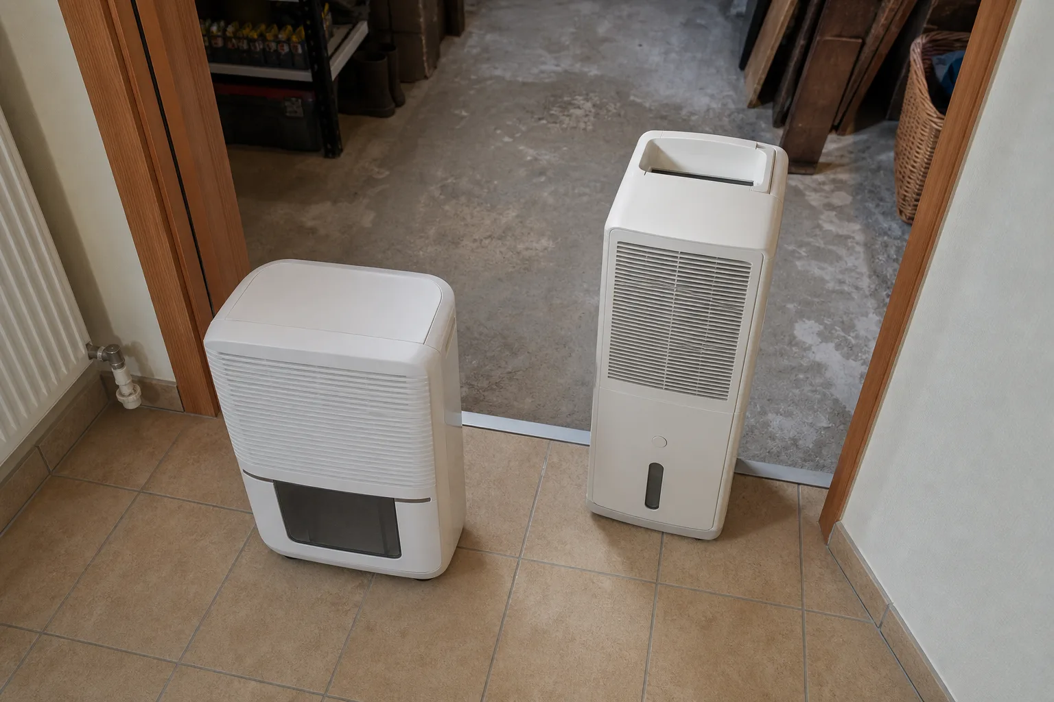 Compressor and desiccant dehumidifiers at a room threshold