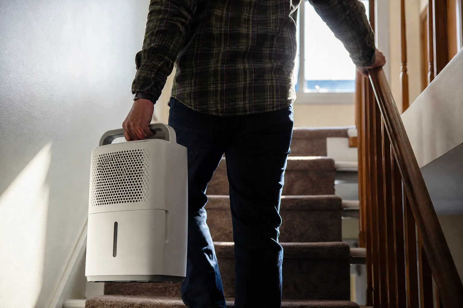 Compact desiccant dehumidifier carried upstairs