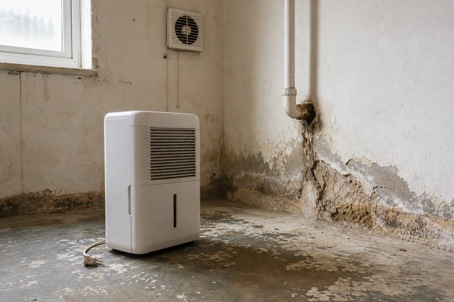 Dehumidifier beside stained plaster and a leaking pipe joint