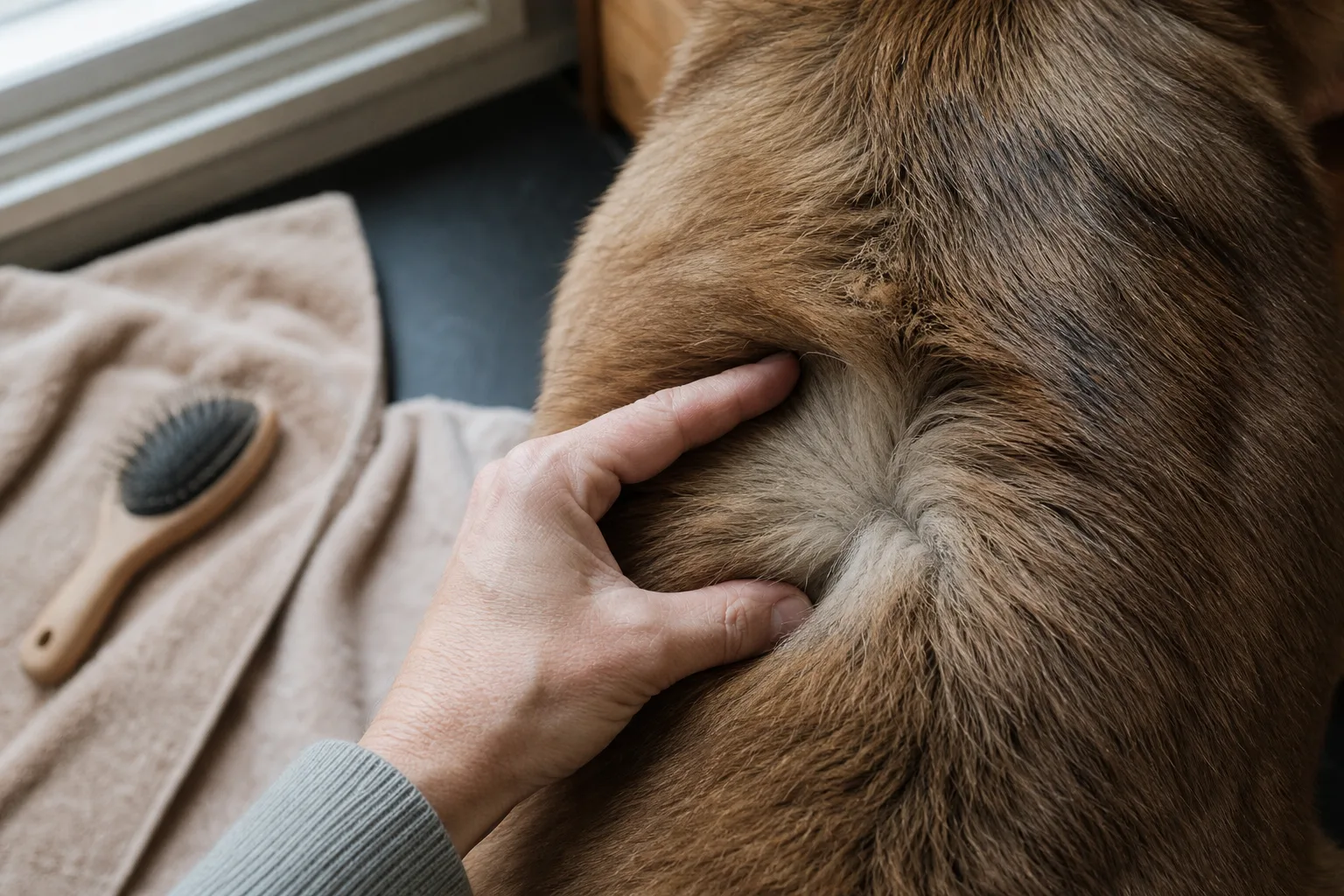 El pelo separado de un perro deja ver una subcapa densa bajo los pelos de cobertura