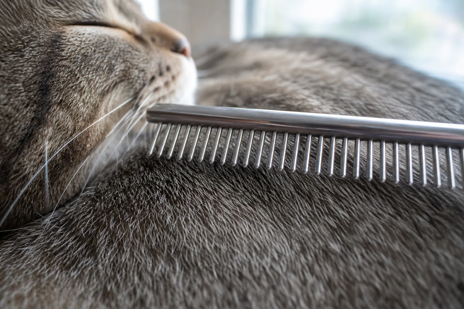 Los dientes redondeados del rastrillo quedan paralelos sobre el manto denso de un gato
