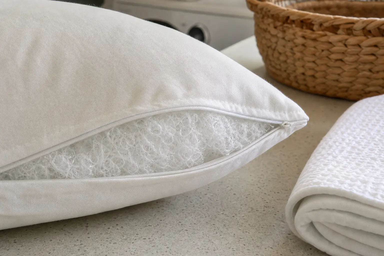 Pillow fill and cover texture reveal support, breathability and care