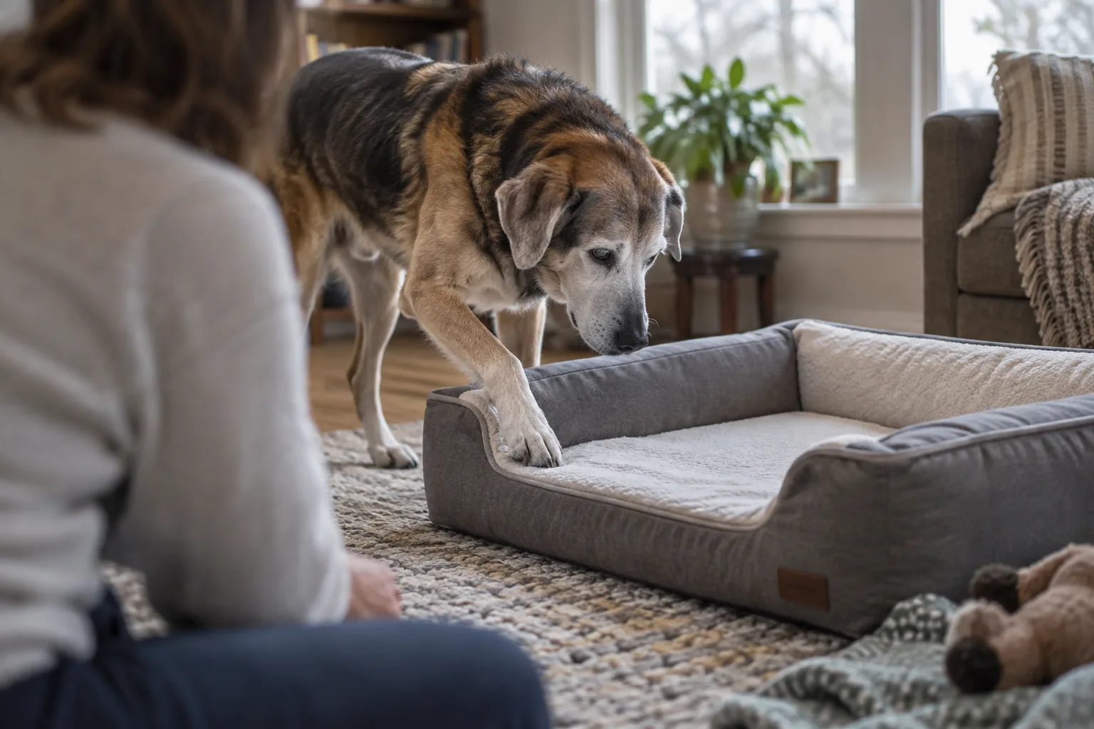 Older dog stepping onto a low-entry bed