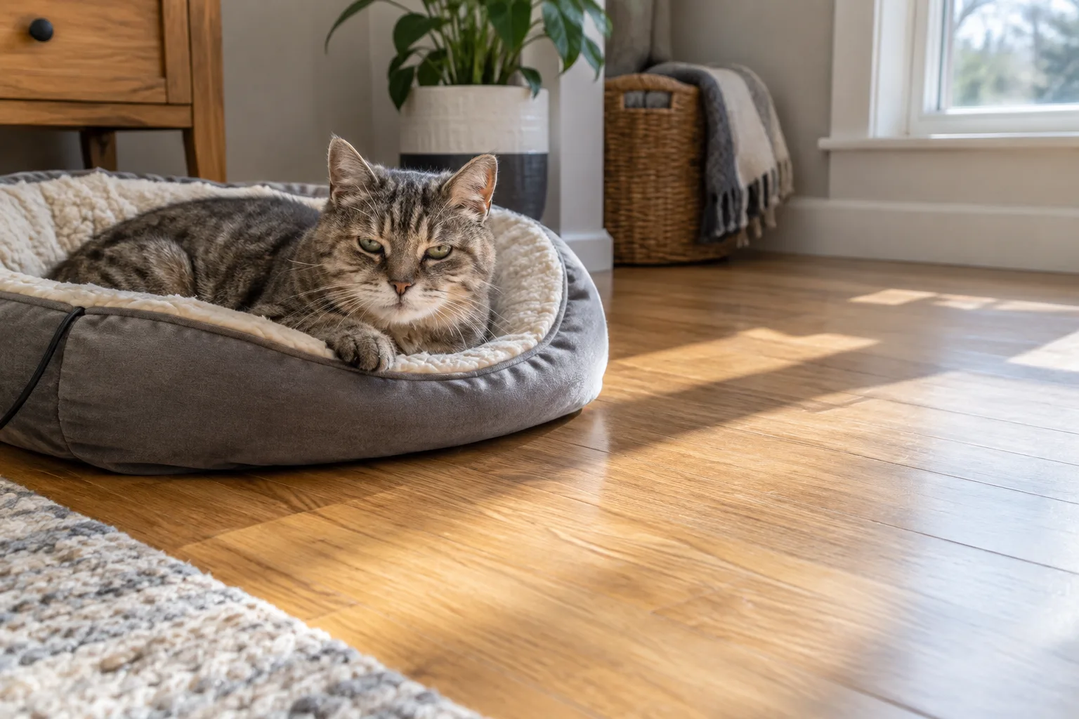 Cat resting at the edge of a heated bed