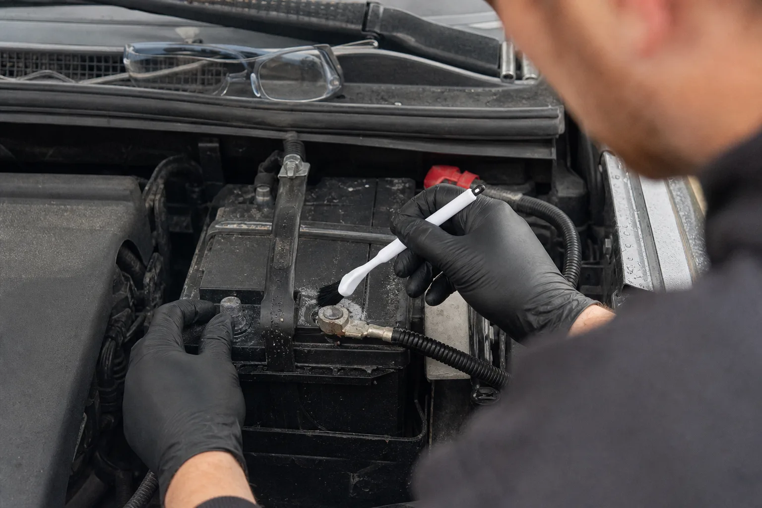 Gloved hands cleaning corrosion from a battery clamp
