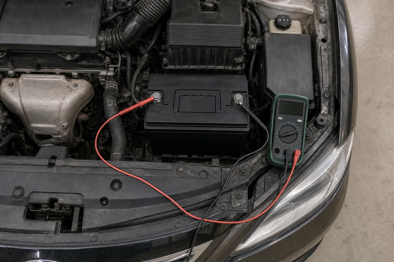 Multimeter probes touching the battery posts