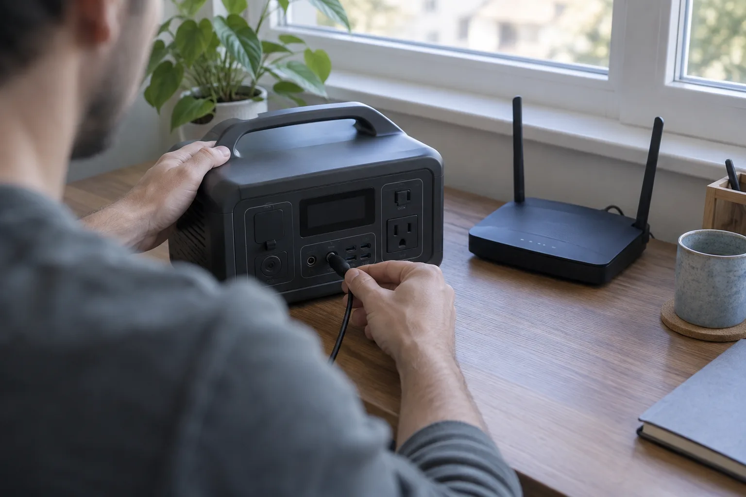 Power station connected to a home router by DC cable
