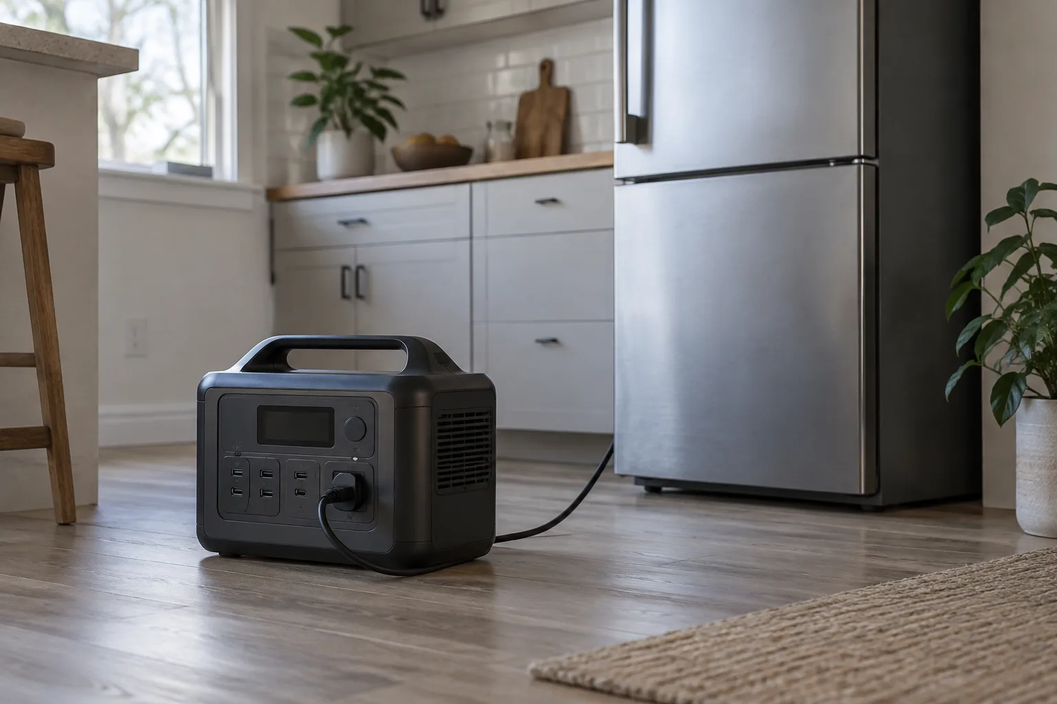 Portable power station connected to a household refrigerator